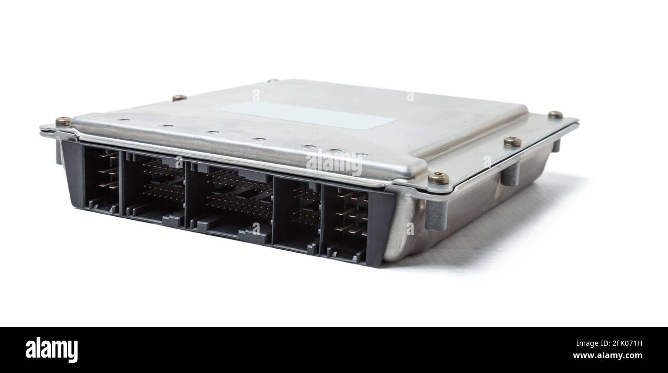 Metallic car engine control unit with plastic elements on a white