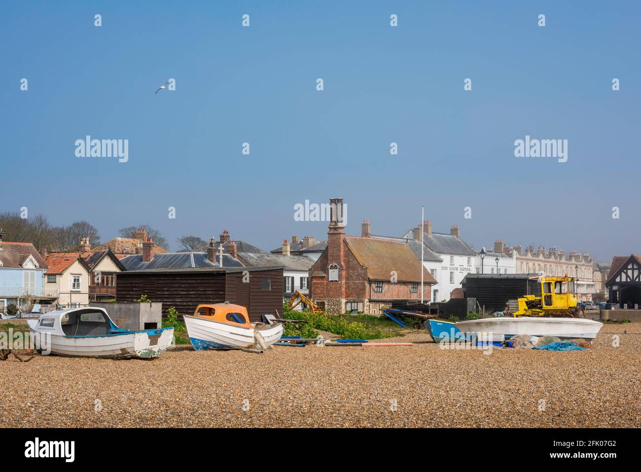 Aldeburgh beach Suffolk, view in summer of seafront buildings and the shingle beach at Aldeburgh in Suffolk, England, UK. Stock Photo