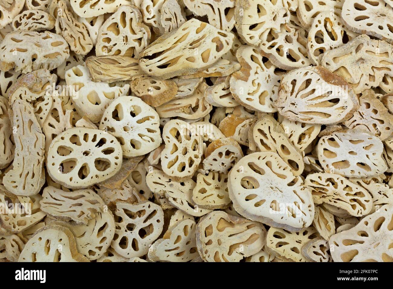 Closeup texture of dried Lotus root, sliced rhizome of lotus flower