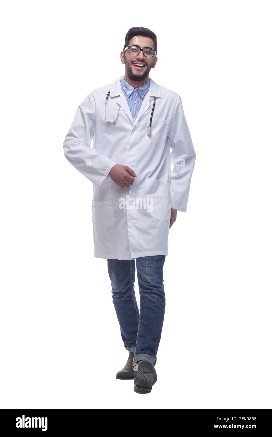 happy doctor with a stethoscope striding forward Stock Photo - Alamy