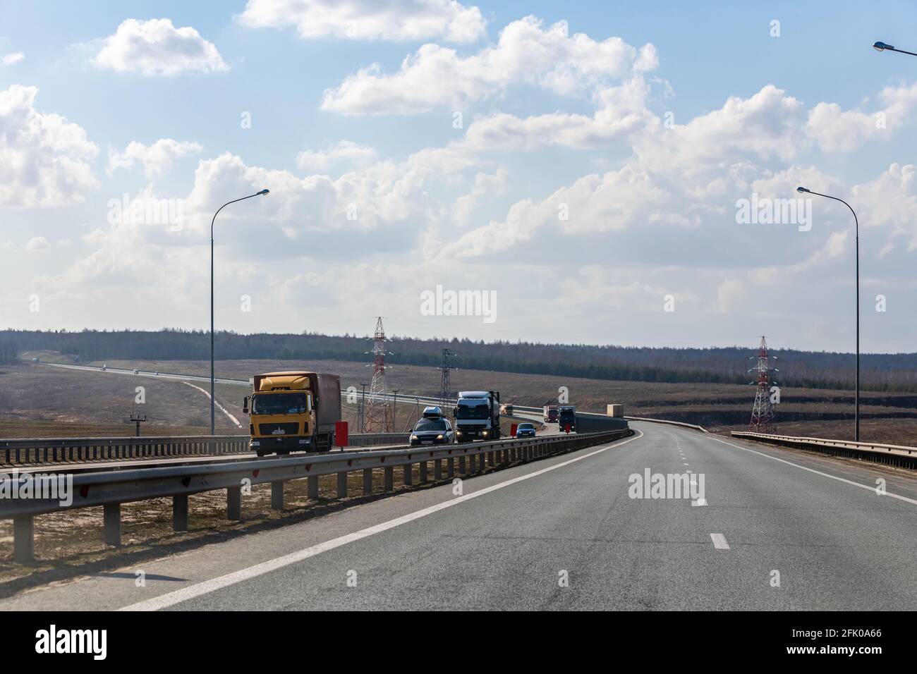 Interstate Highway Ufa - Kazan M7, Russia - Apr 23th 2021. Truck move along the federal highway to their destination. Stock Photo