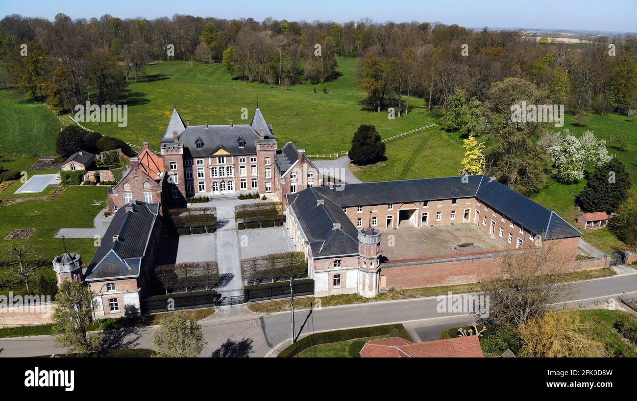 Drone illustration shows  the Baron Erasmus Louis Surlet de Chokier castle domain 'Kasteel van Gingelom', in Gingelom, Tuesday 27 April 2021. BELGA PH Stock Photo