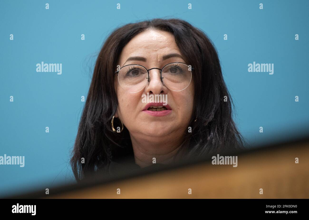 Berlin, Germany. 27th Apr, 2021. Dilek Kalayci (SPD), Senator for Health, Care and Equality, speaks at a press conference after a meeting of the Berlin Senate. Credit: Christophe Gateau/dpa/Alamy Live News Stock Photo