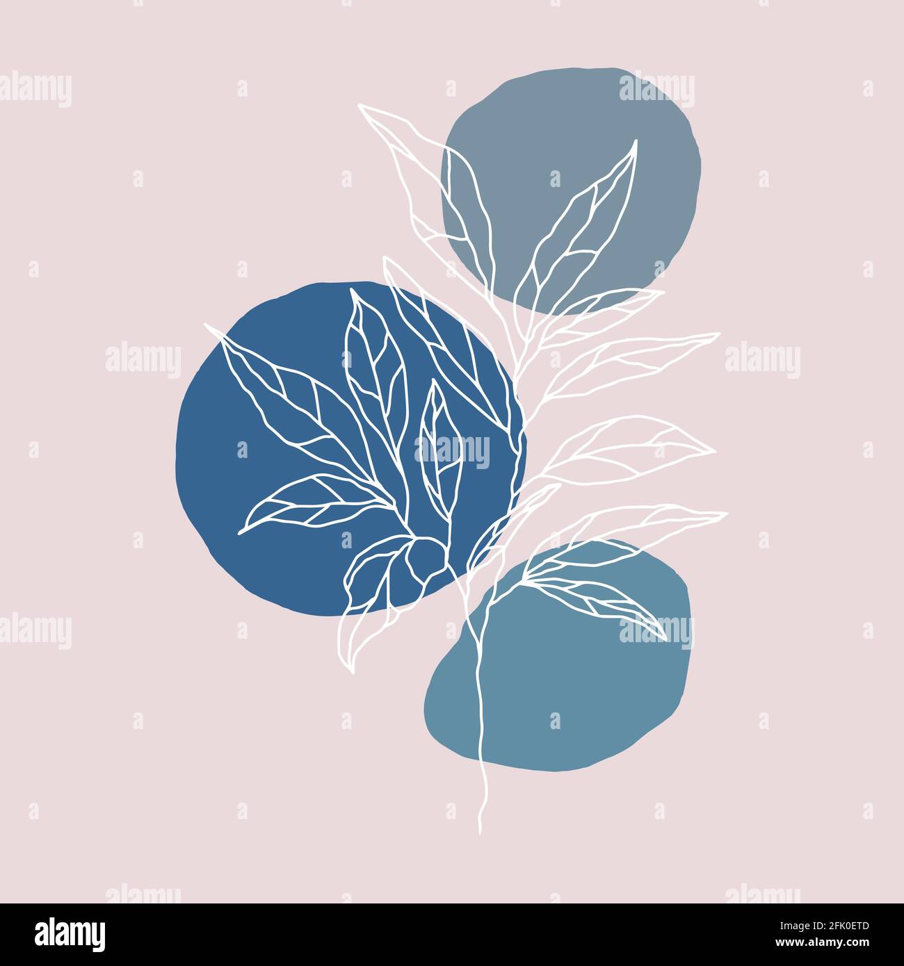 botanical floristic sketch contour branches with leaves. Vector isolated minimalistic branch on a background of jagged colored circles spots Stock Photo