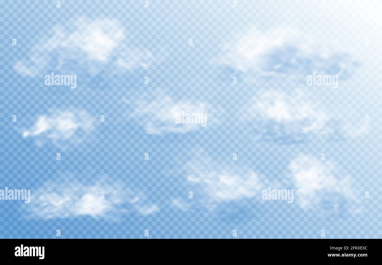 Cloud in realistic style on transparent background. Abstract clouds set. Vector design template. Stock Vector