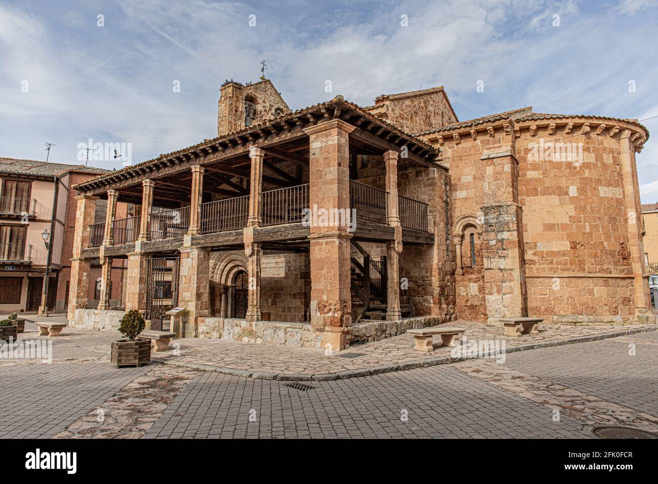 Historical Plaza Mayor in Ayllon under the cloudy blue sky in Spain Stock Photo