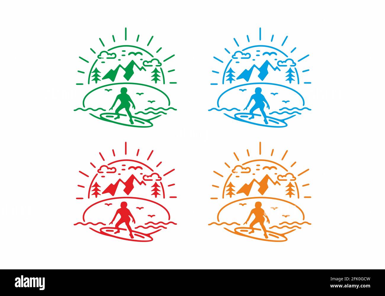 Colorful flat line art illustration of surfing activity design Stock ...