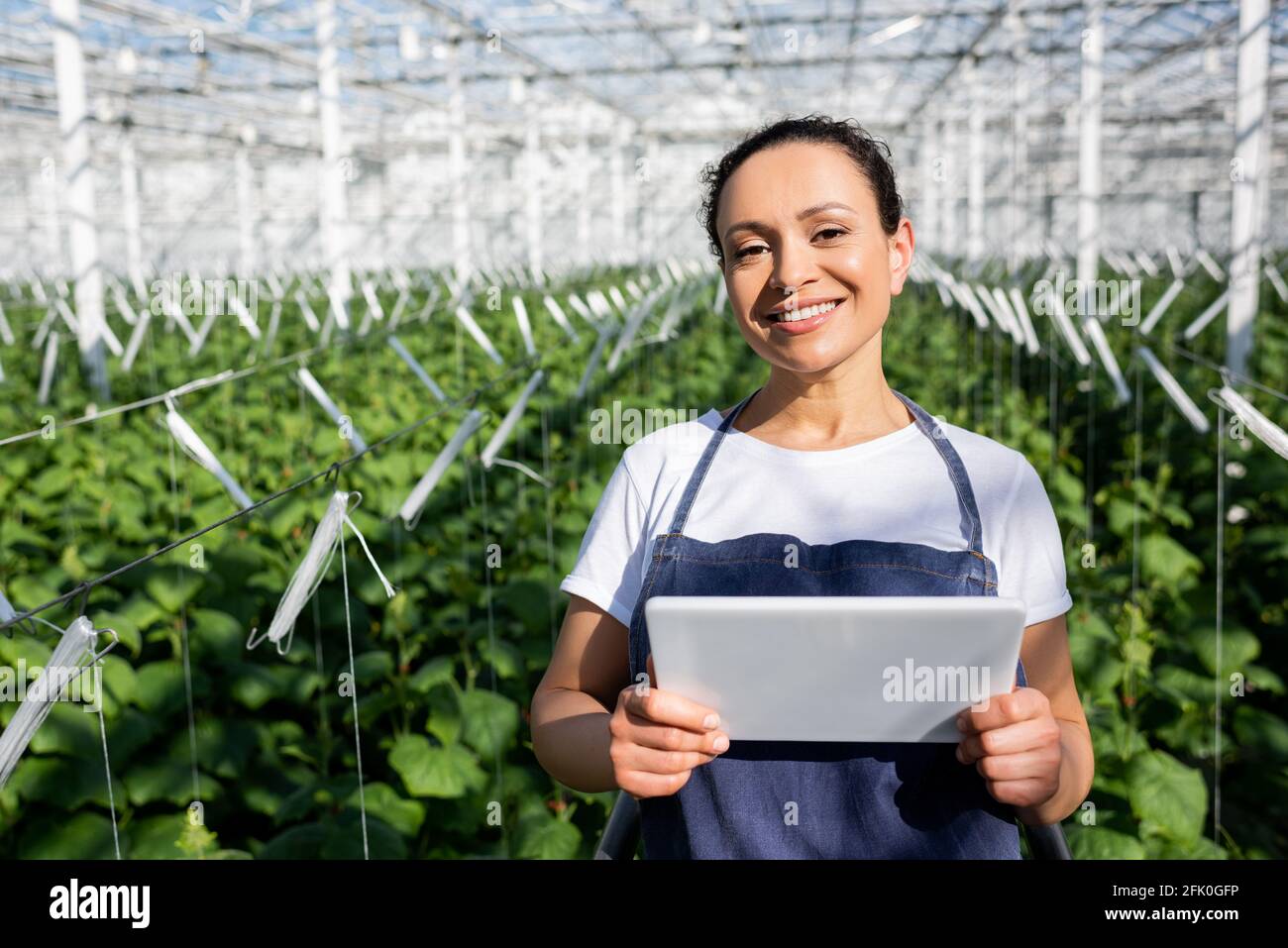 african american farmer with digital tablet smiling at camera in ...