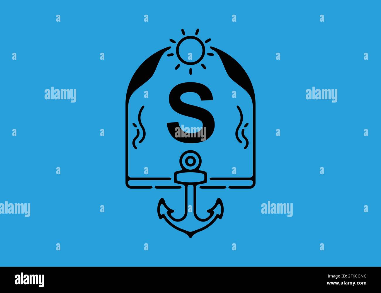 Black line art illustration of S initial letter in anchor frame design Stock Vector