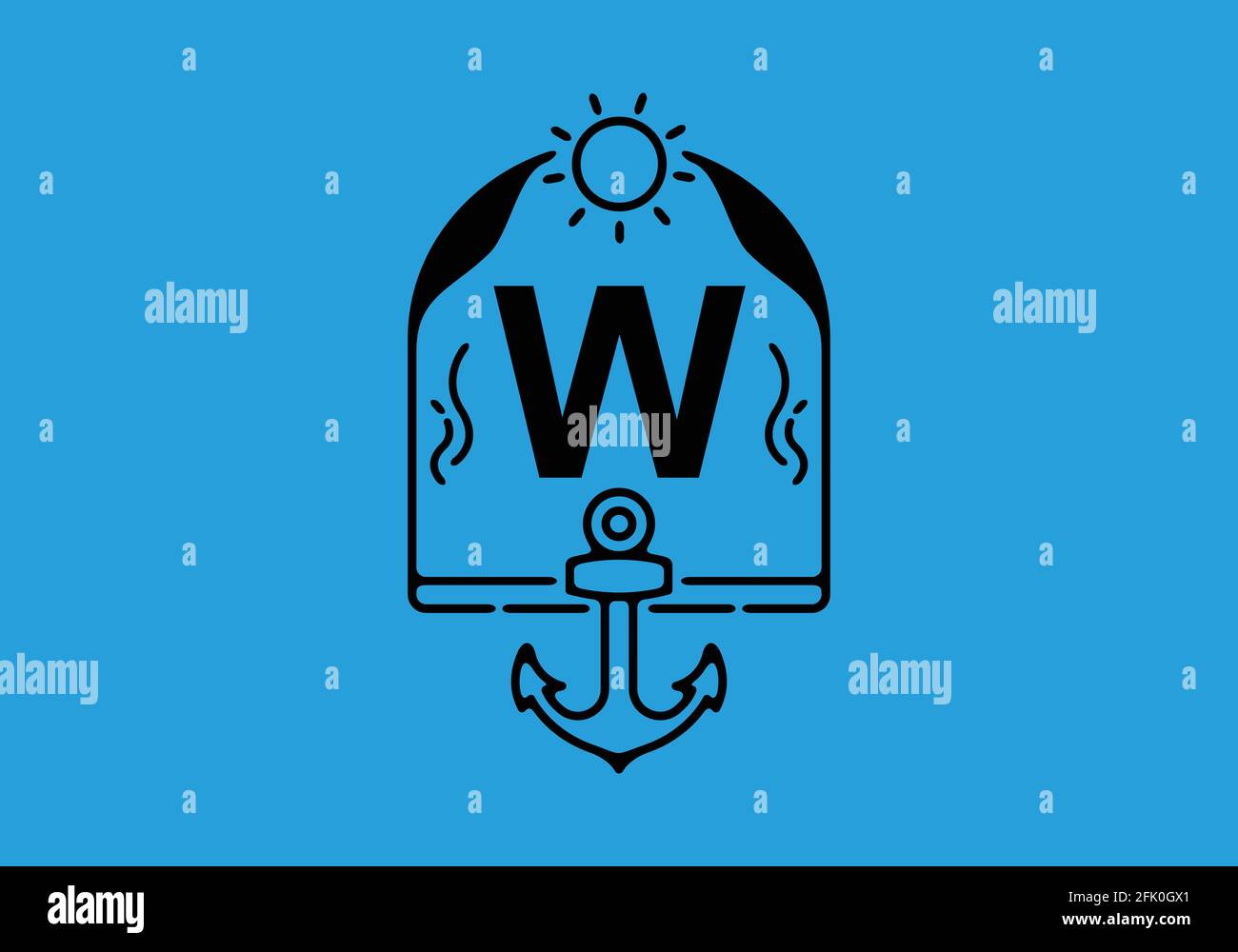 Black line art illustration of W initial letter in anchor frame design ...