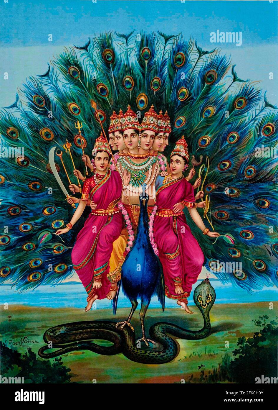 Hindu deity Karttikeya or Murugan with his consorts on his Vahana peacock. Artwork by Raja Ravi Varma Stock Photo