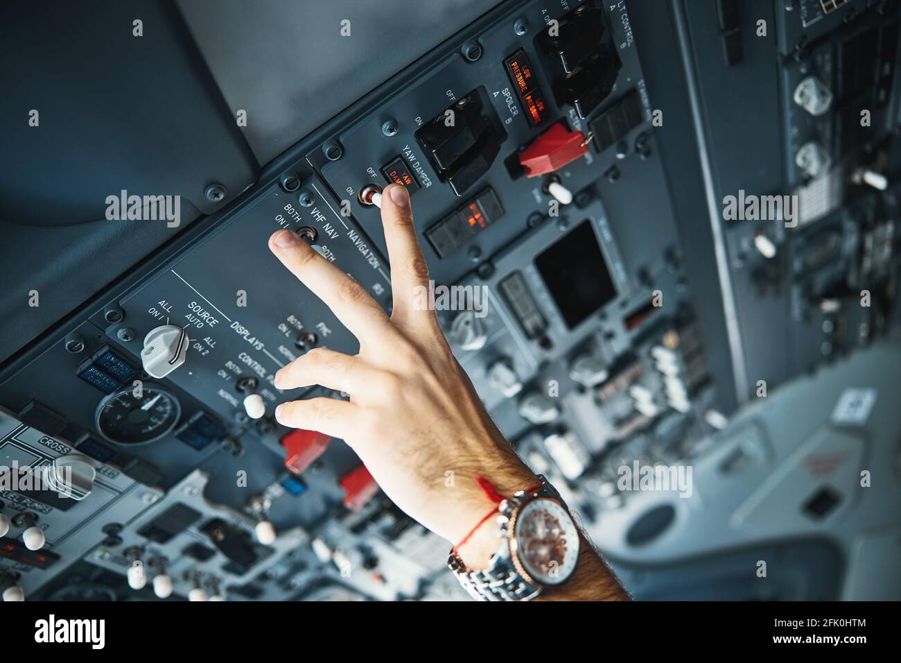 Top part of the modern passenger aircraft cockpit Stock Photo - Alamy