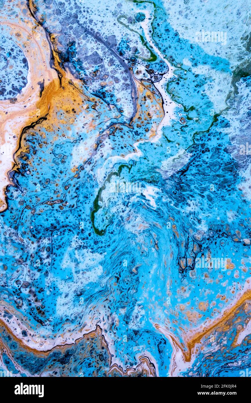 Ink texture, liquid marble, blue watercolor. Spotty background, spreading paints effect. Art canvas, painting design. Creative aquarelle, stained surf Stock Photo