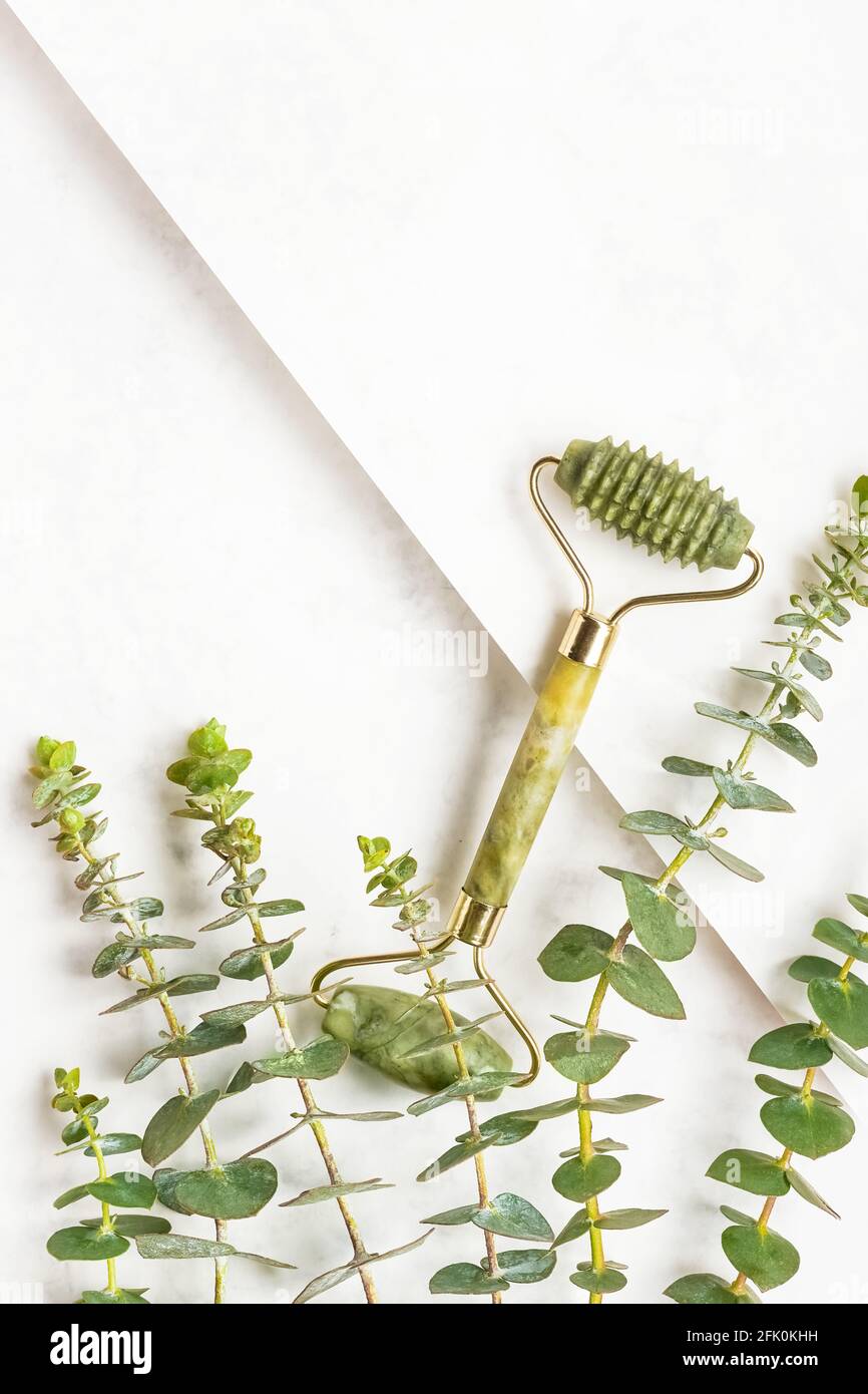 Green face roller from natural jade stone and eucalyptus branches on a white background. Top view, copy space for text Stock Photo