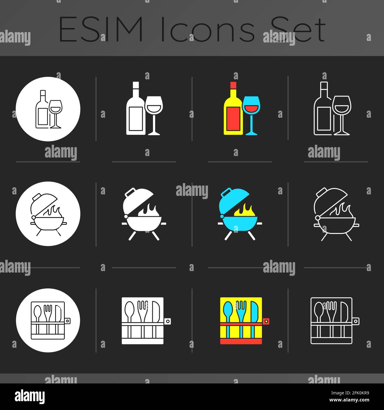 Outdoor meal dark theme icons set Stock Vector