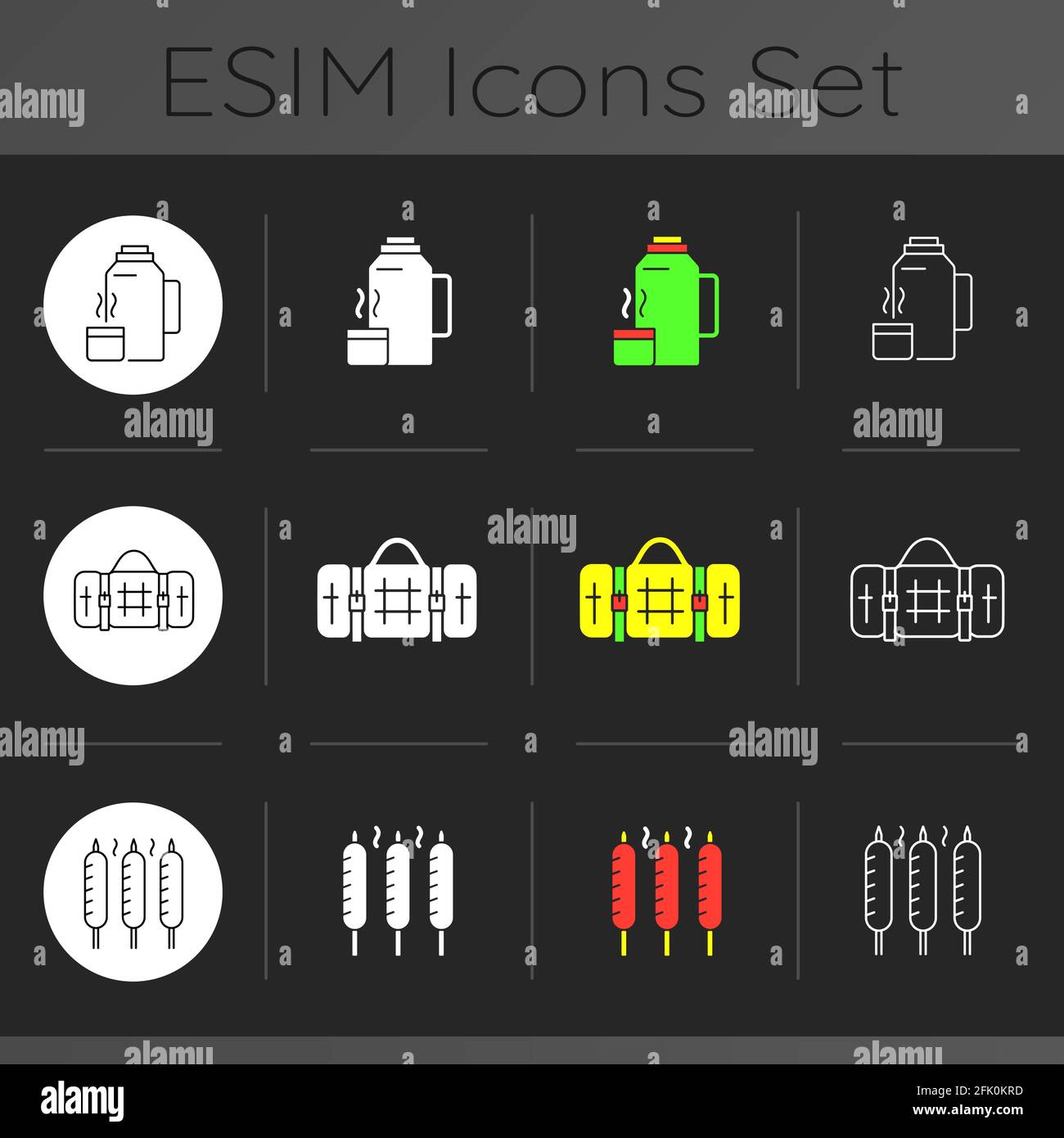 Outdoor dining dark theme icons set Stock Vector