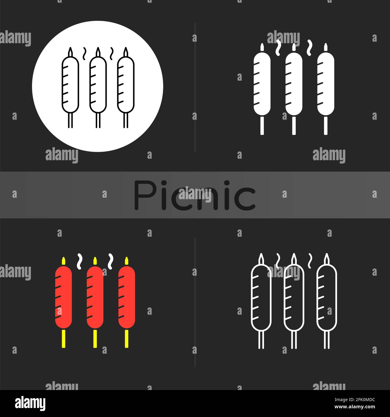 Grilled sausages dark theme icon Stock Vector