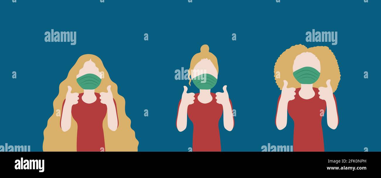 Women wearing a protective medical mask and gloves showing thumb up ...