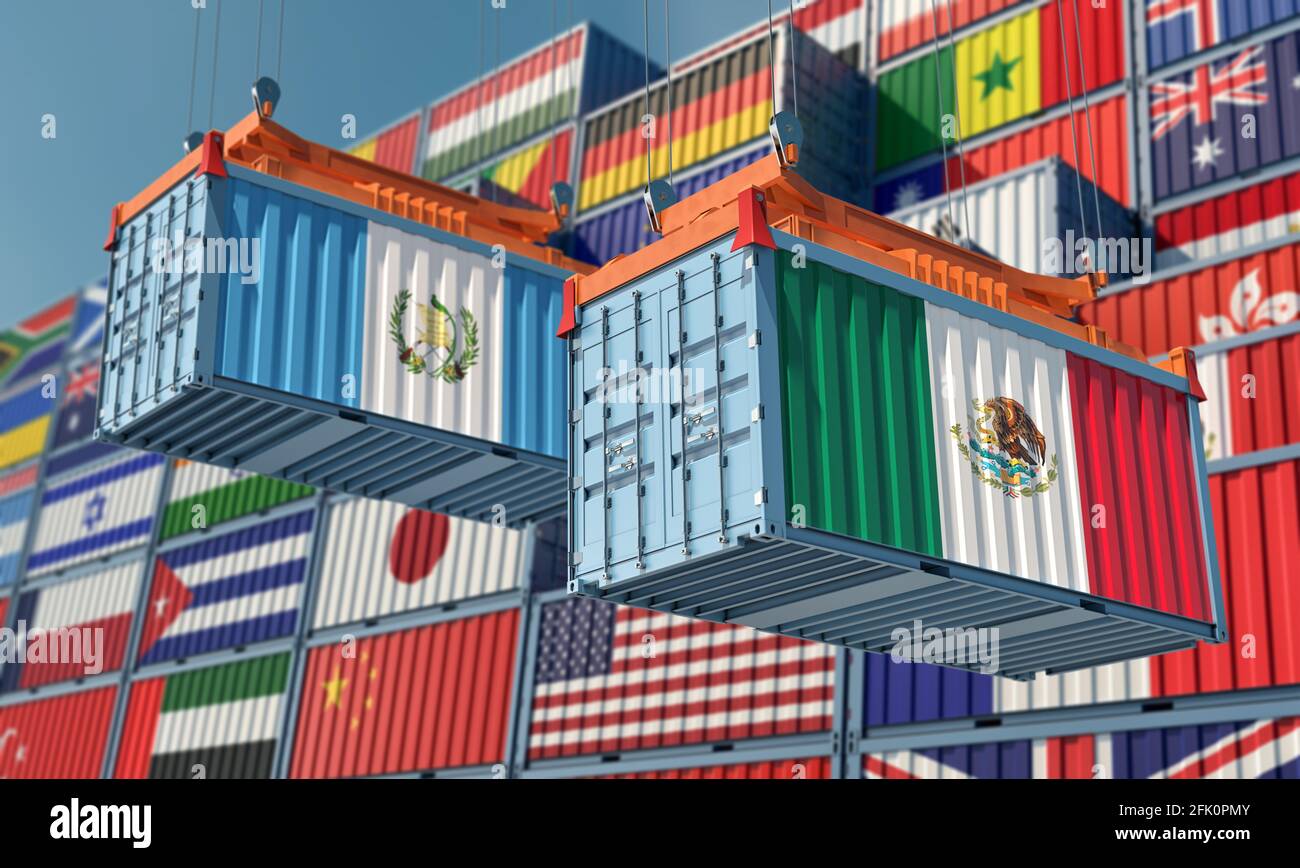 Freight containers with Mexico and Guatemala national flags. 3D Rendering Stock Photo