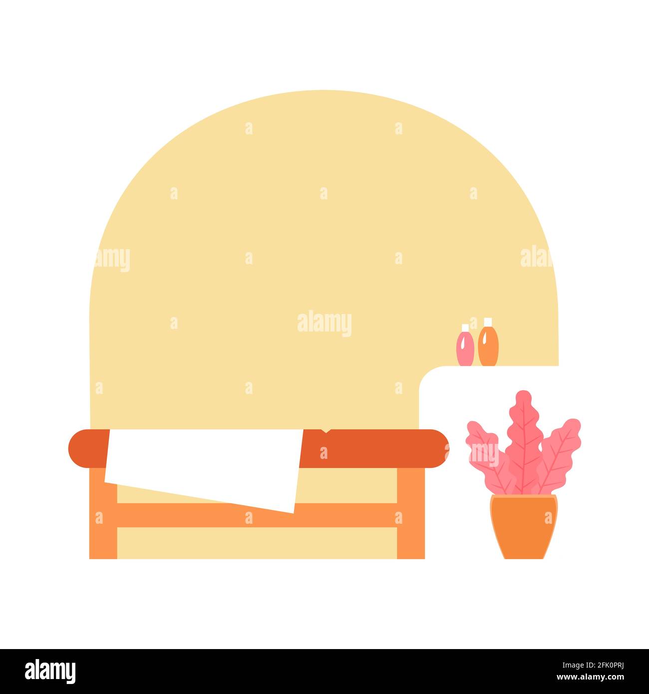 Cozy and comfortable massage room. Table, bedside table with oils, a pot of plant. Cartoon flat style. Vector illustration. Stock Vector