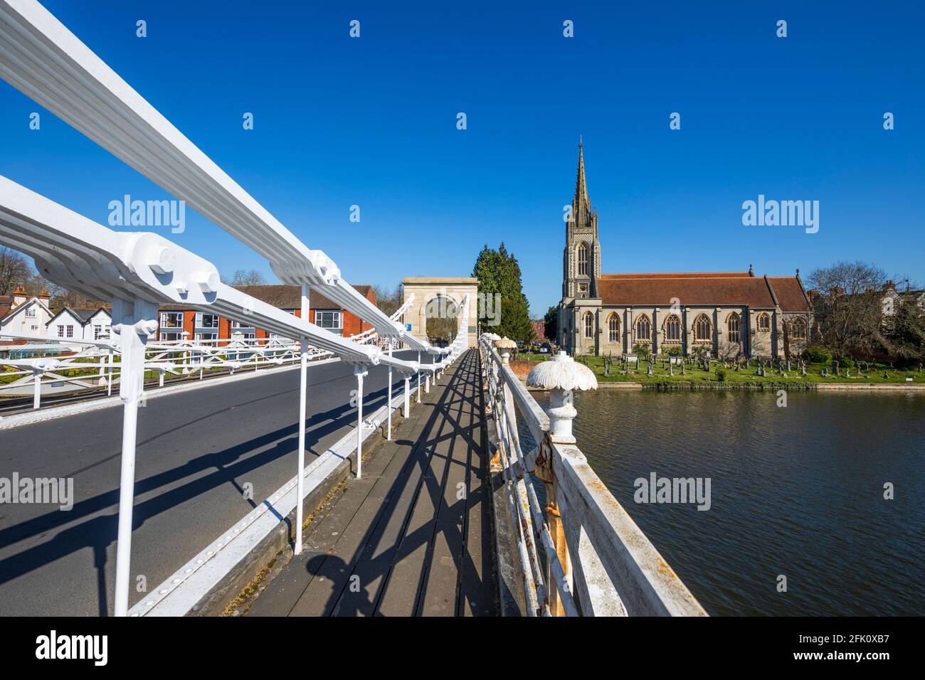 Marlow Suspension Bridge on the River Thames with All Saints Church, Marlow, Buckinghamshire, England, United Kingdom, Europe Stock Photo