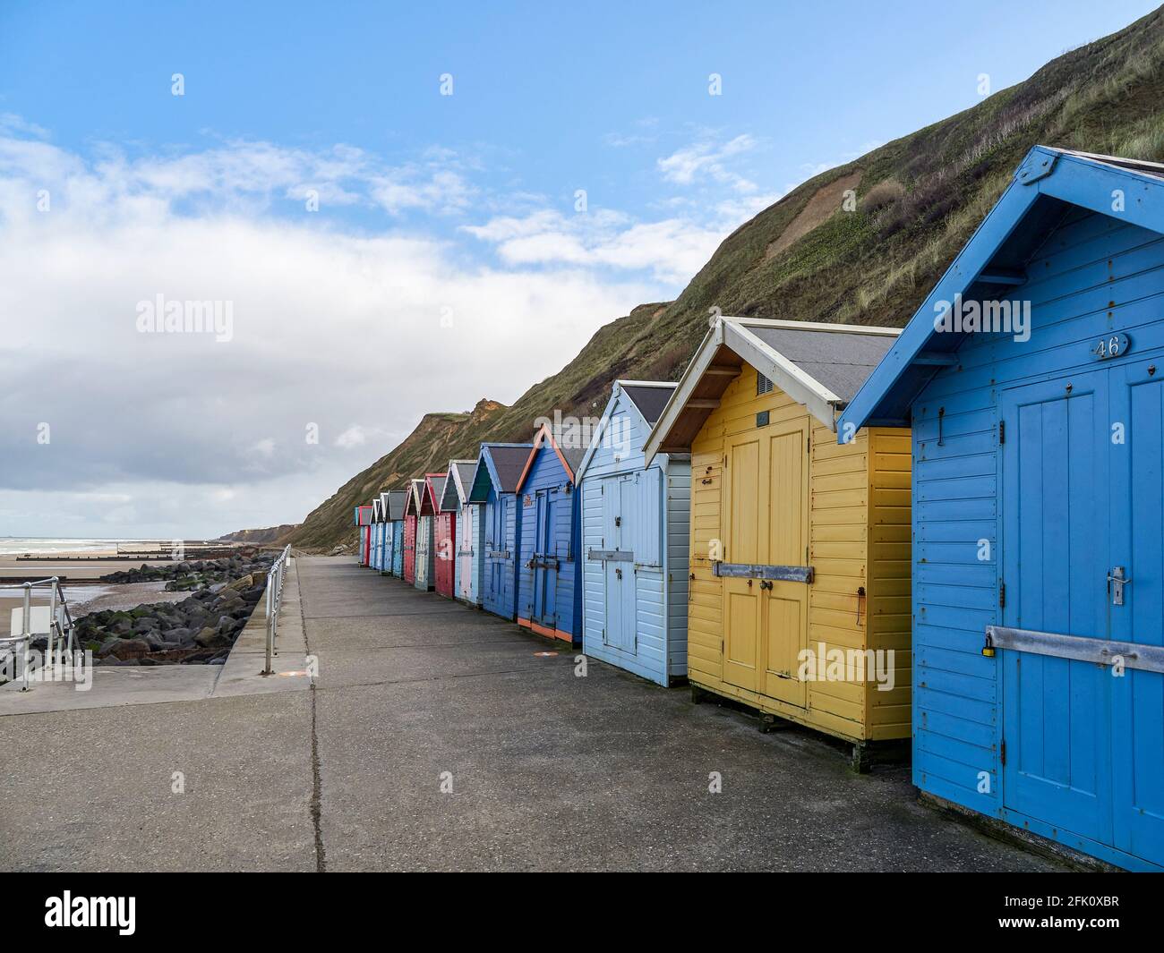 Sheringham multi coloured beach huts North Norfolk Stock Photo