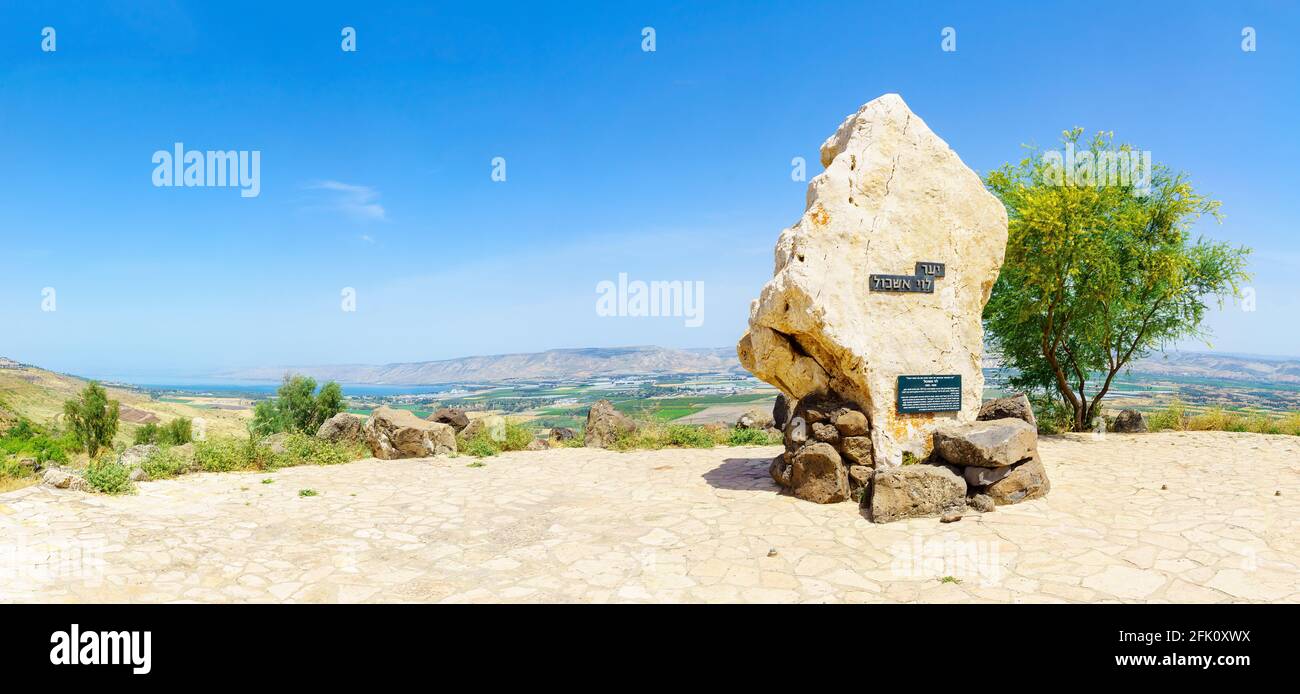 Menahamiya, Israel - April 21, 2021: Monument to prime minister Levi Eshkol, and panoramic view of the Sea of Galilee and the Lower Jordan River valle Stock Photo