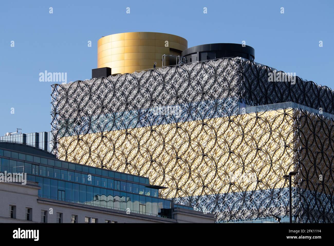 Features of the New Birmingham Library. The gold coloured crown and delicate ringed artwork are unique to the building. Stock Photo