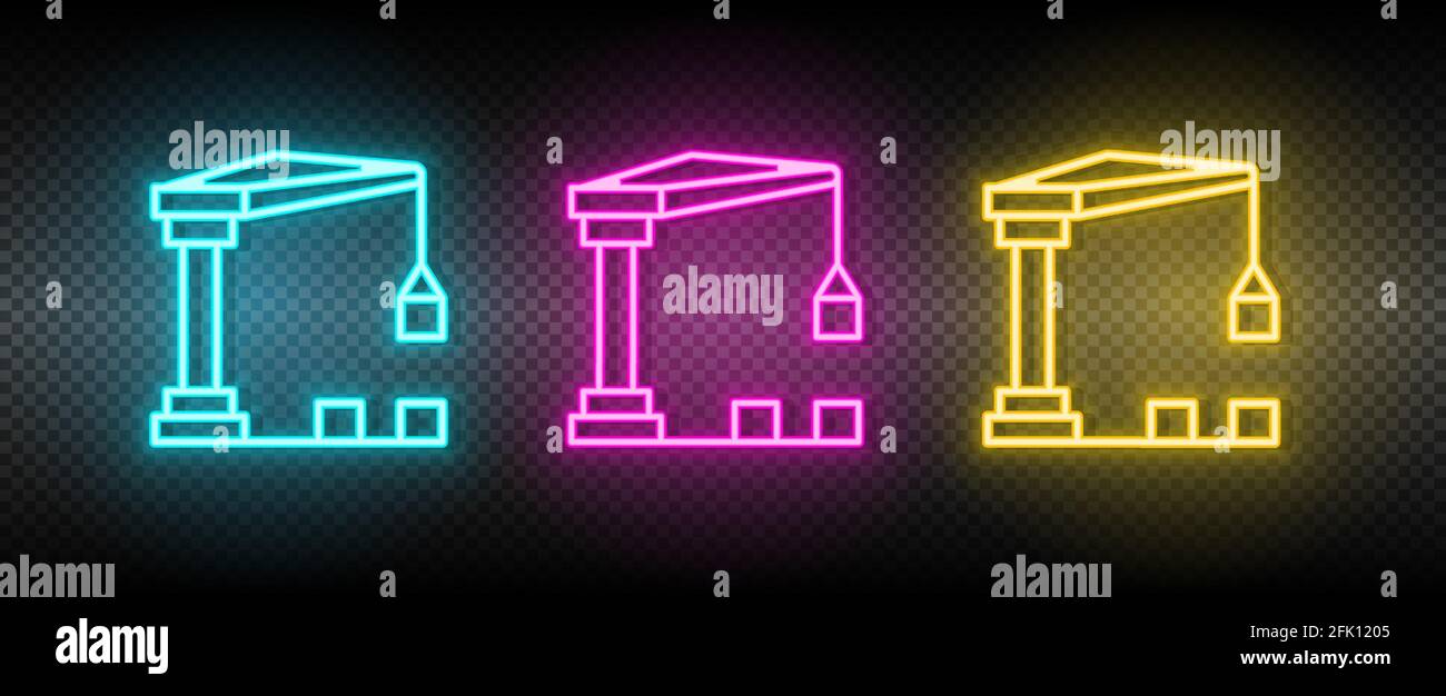 container crane, crane machine neon icon set Stock Vector