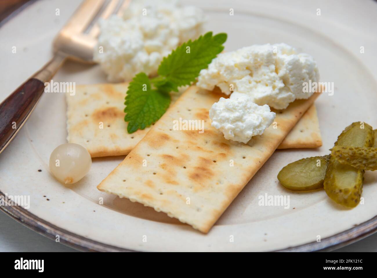 cottage cheese and crackers on a plate with pickles , diet or snack