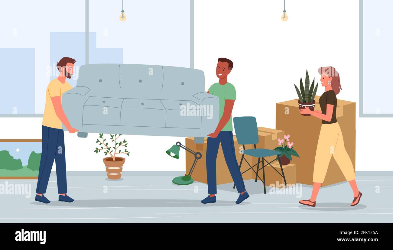 Family move to new house or home apartment, happy woman and young man holding sofa Stock Vector