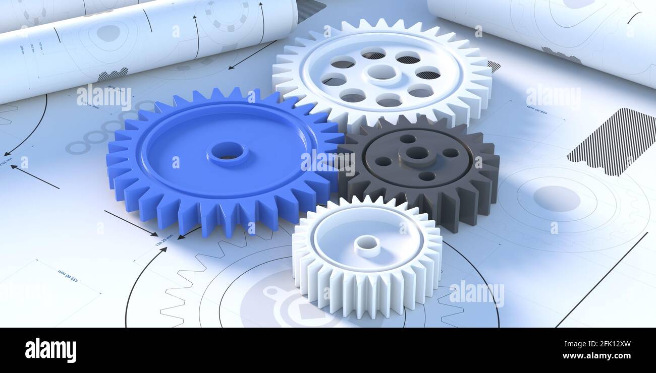 Plastic gears, rotating mechanism concept on blueprint plan background, banner, close up top view. Mechanical engineering, teamwork design, cogwheels Stock Photo