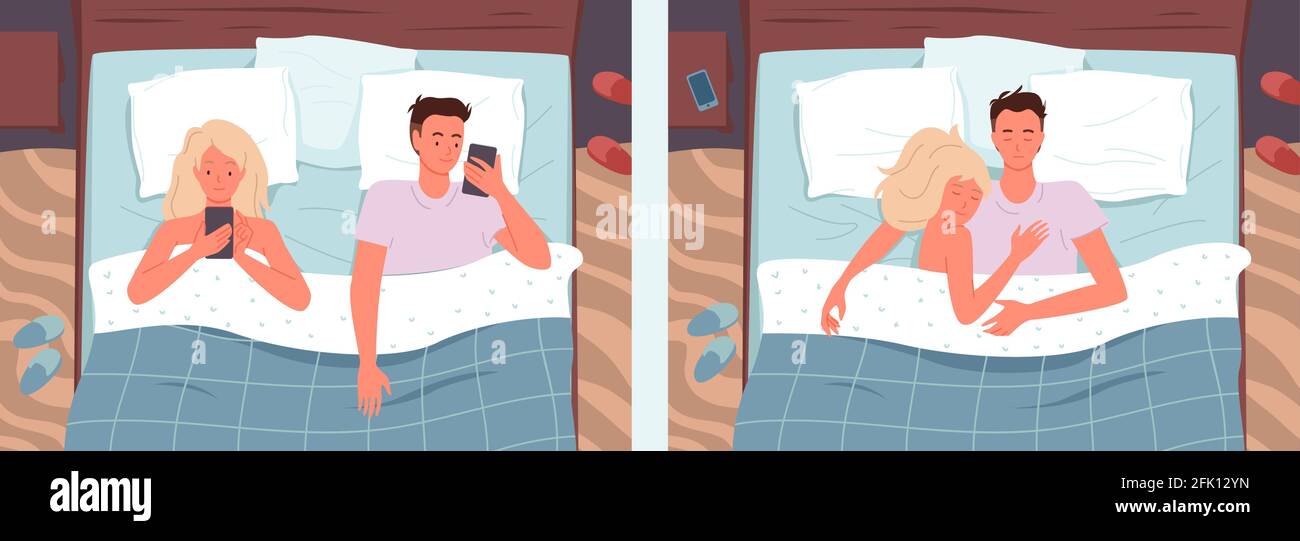 Couple people sleeping poses in bed vector illustration set. Cartoon young happy man and woman characters sleep together in bedroom, wife and husband Stock Vector