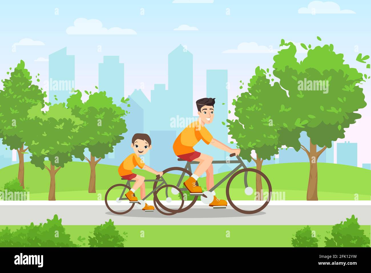 Happy family people ride bicycles sport vector illustration. Cartoon young father and son characters in sportswear riding bicycles in summer city park Stock Vector