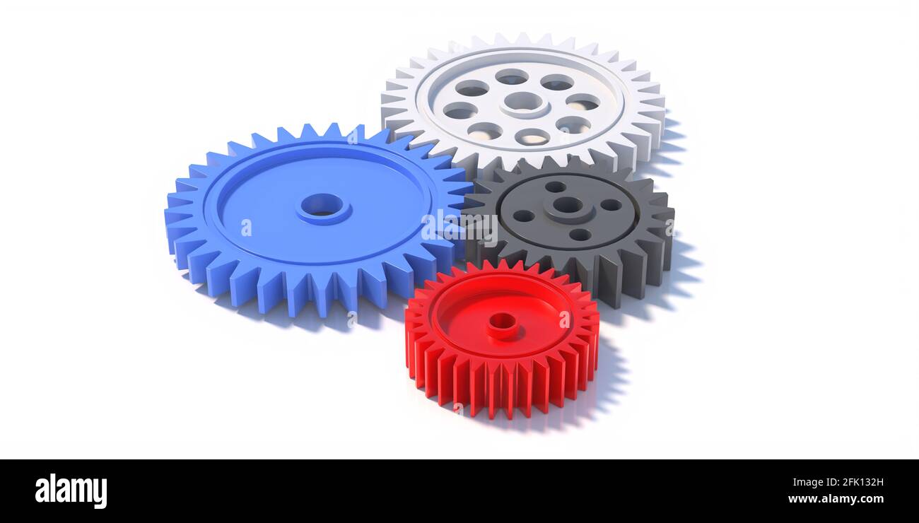 Teamwork concept. Various sizes of four colorful plastic gears isolated on white background, banner, top view. Cogwheels cooperate for revolving, moti Stock Photo