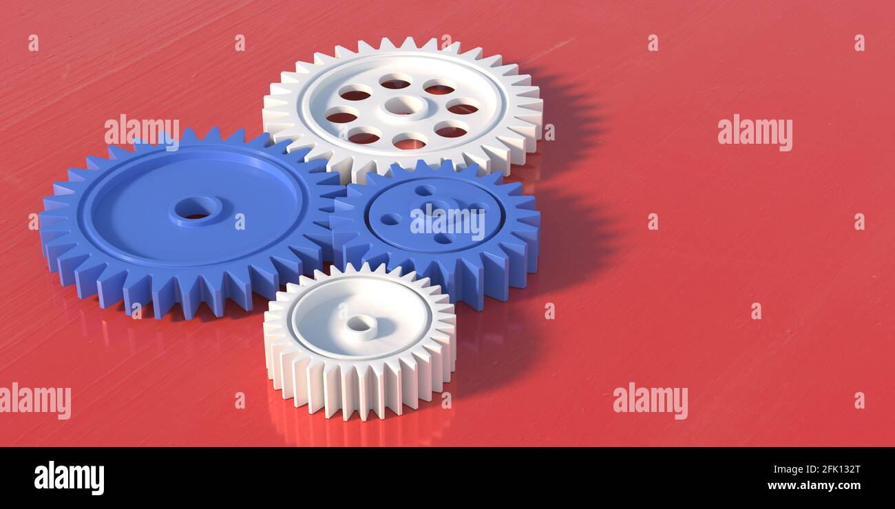 Plastic gear concept. Four blue and white plastic gearwheels isolated on red background, banner, top view. Teamwork, cogwheels cooperate for revolving Stock Photo