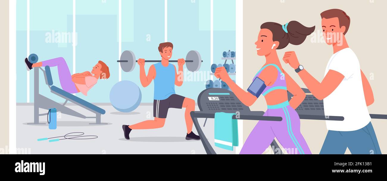 People doing sports workout in gym, active young sportive woman man run on treadmill Stock Vector