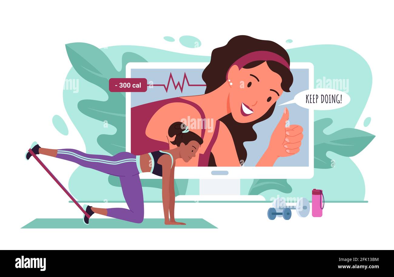 Fitness trainer online, sports workout vector illustration. Cartoon active young sportive woman character in sportswear training with sport equipment Stock Vector