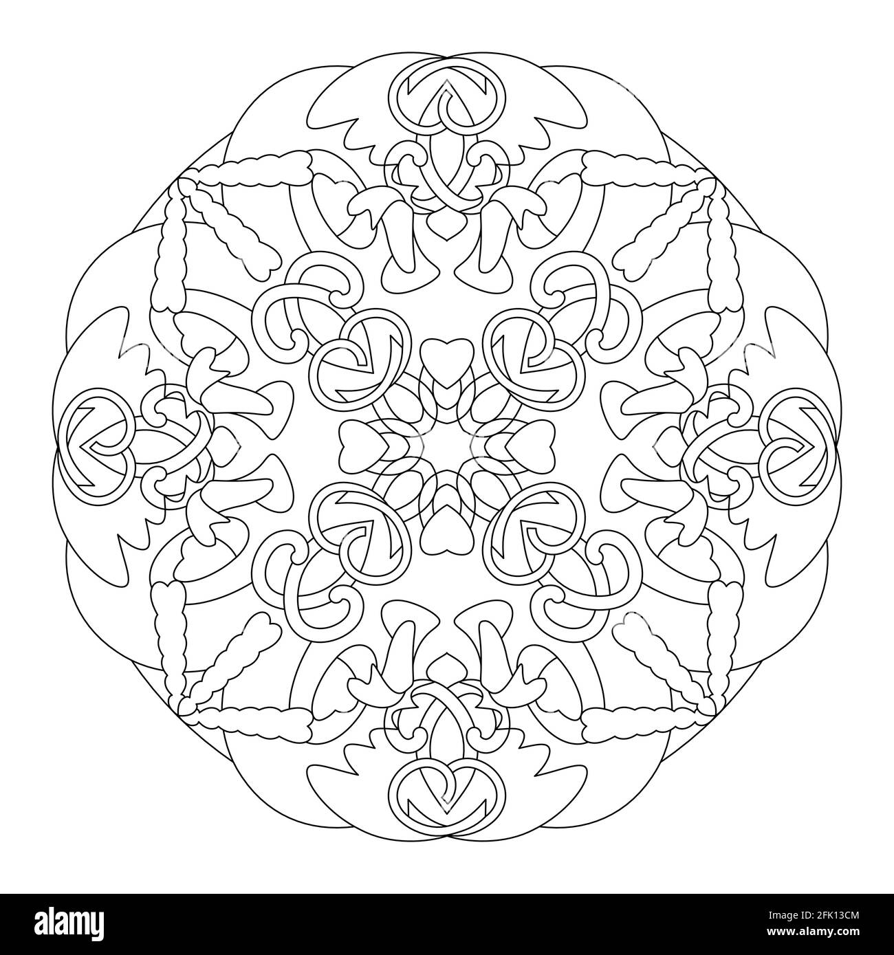 Mandala coloring page. Abstract background with hearts. Art Therapy. Anti-stress. Vector illustration black and white. Stock Vector