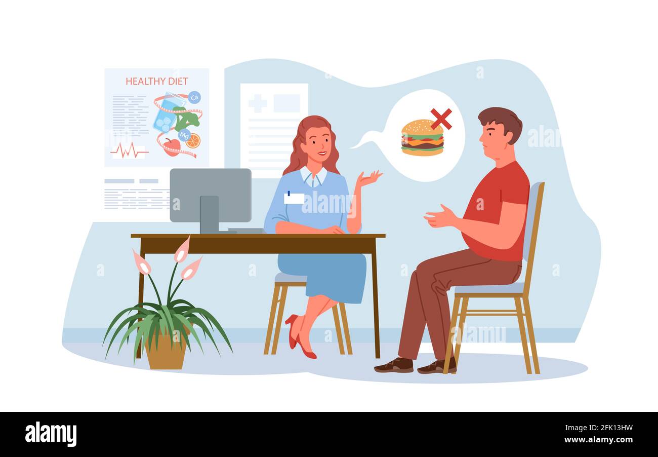 Nutritionist doctor examination, conversation in hospital. Cartoon dietitian  woman and man patient characters talk about healthy diet, sugar free Stock  Vector Image & Art - Alamy