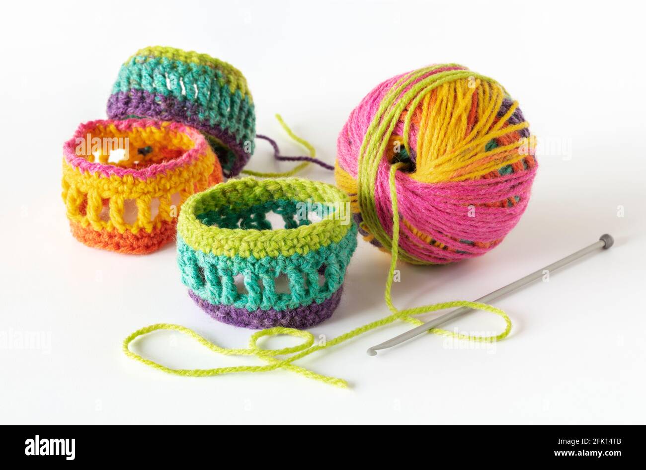 Multi coloured wool and crochet bracelets Stock Photo