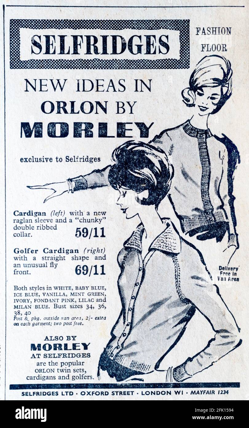 1961 newspaper advertisement for Selfridges, featuring clothes by Morley in Orlon. Stock Photo