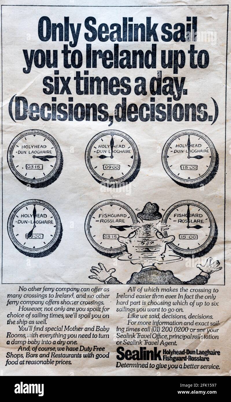 1980s newspaper advertisement for Sealink ferries to Ireland. Stock Photo