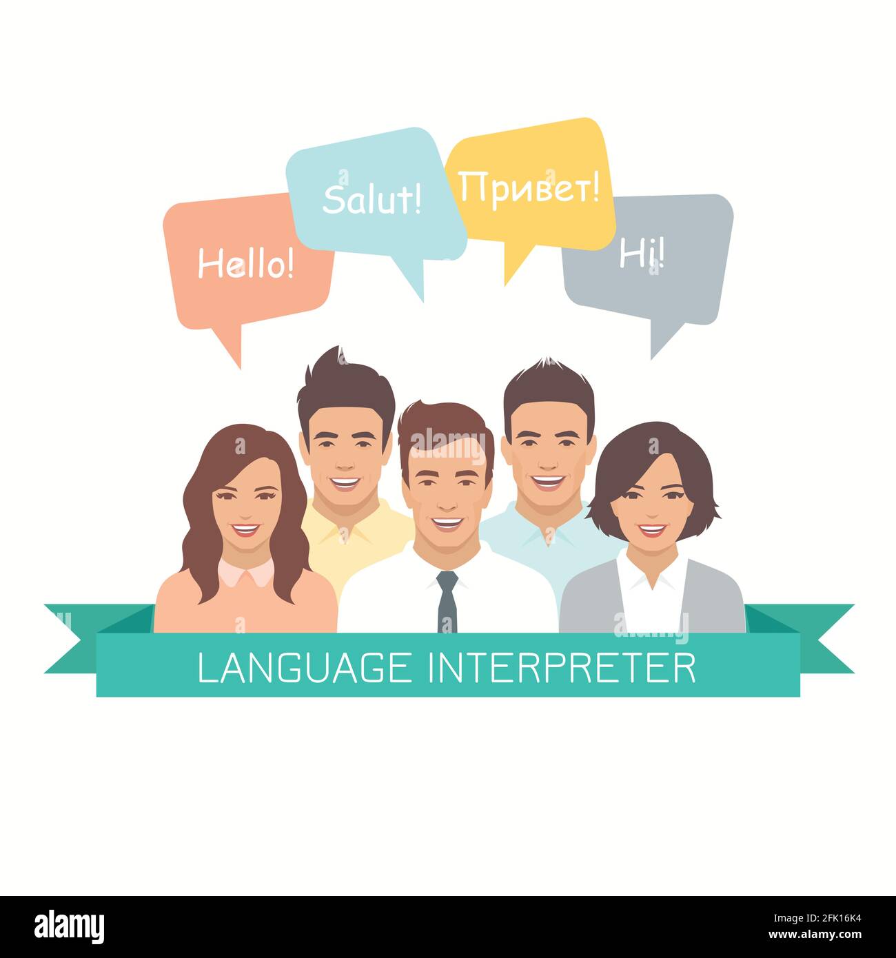 interpreter with speech bubbles in different languages. Communication ...
