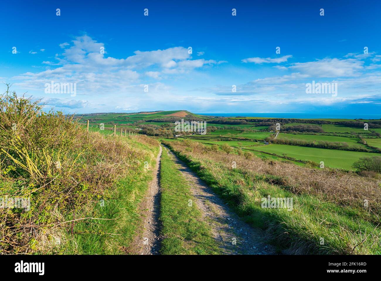Looking out over the Purbeck Hills to the sea from the top of Grange Hill near Creech on the Dorset coast Stock Photo