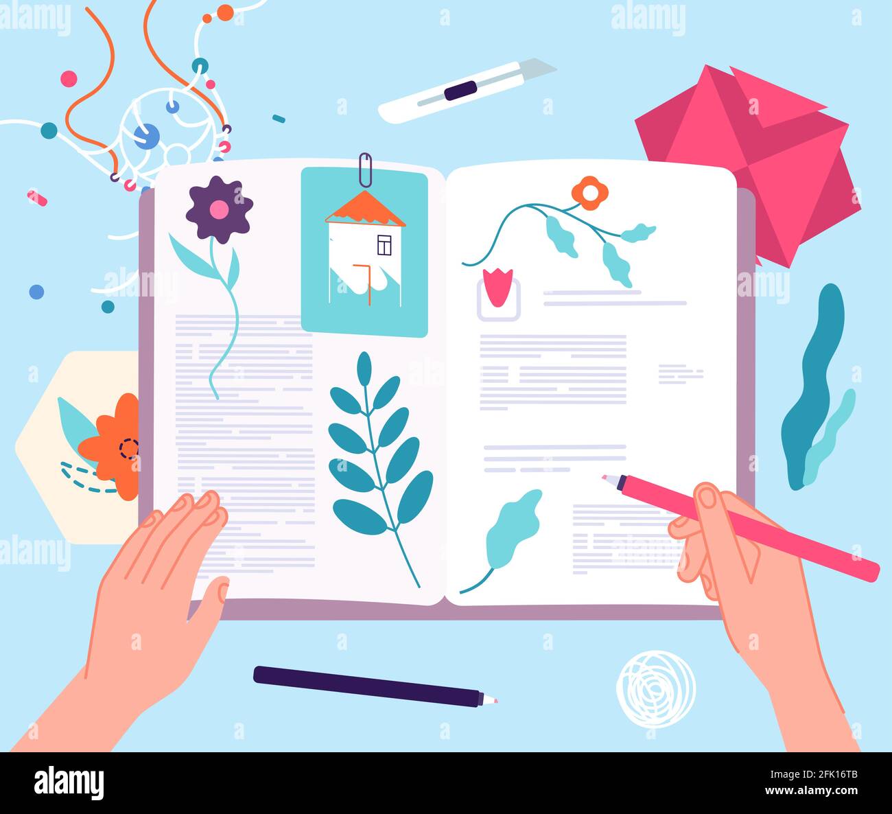 Scrapbooking hobby. Book dry plants, scrapbook or craft. Handmade kid notebook for paint or herbarium. Creative work vector illustration Stock Vector