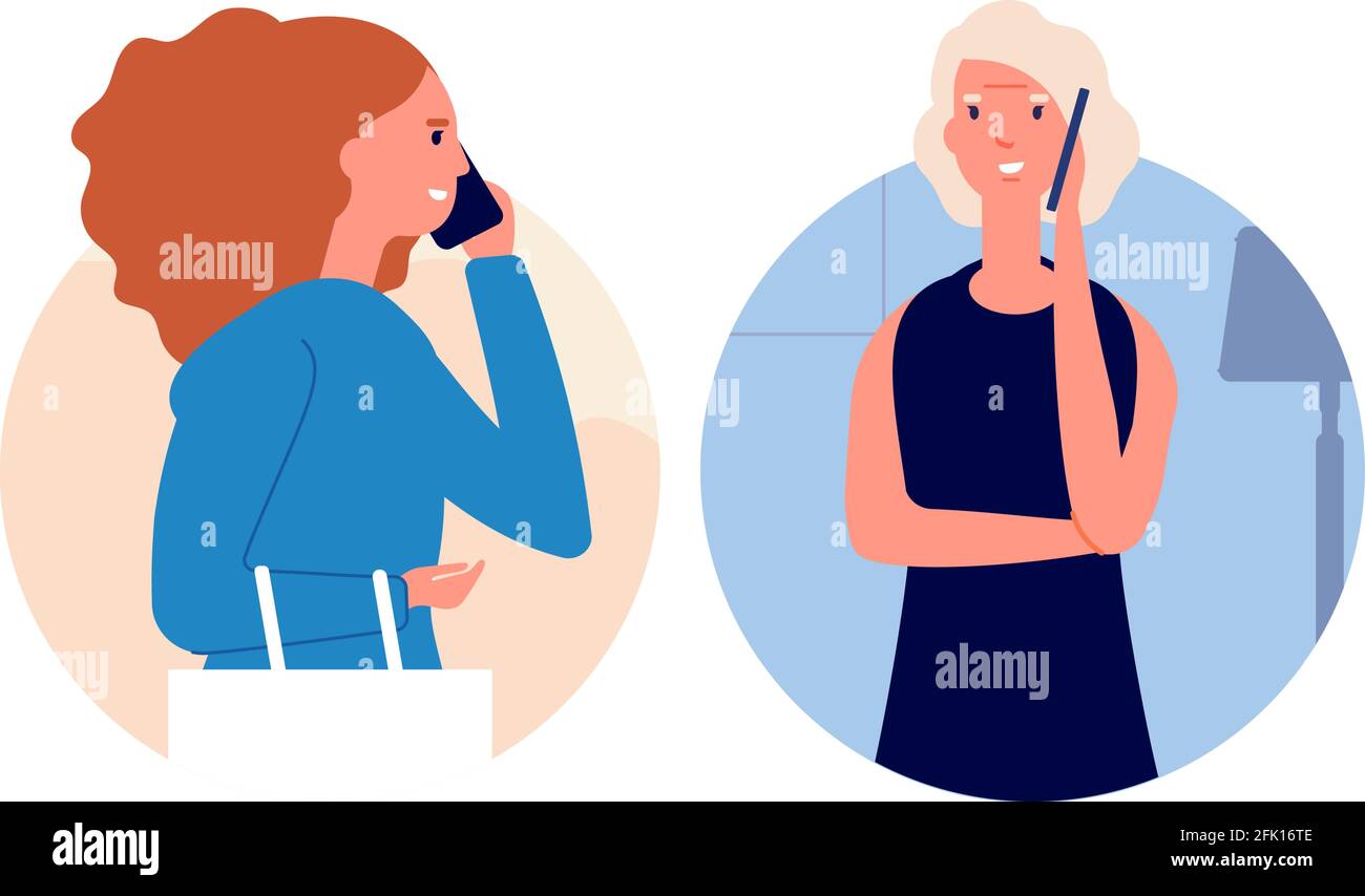 Phone talking. Call mother, women talking cellphone. Daughter has conversation with elderly mom. Dialogue by smartphone vector illustration Stock Vector