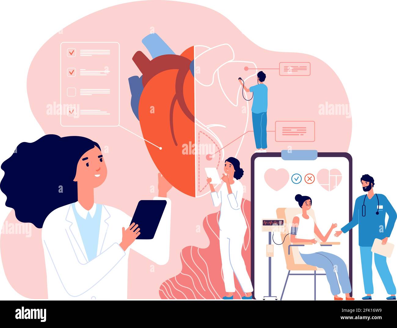 Cardiology. Health heart check up, cardiologists and cardiovascular pressure. Transplantation research, hypertensive disease vector concept Stock Vector