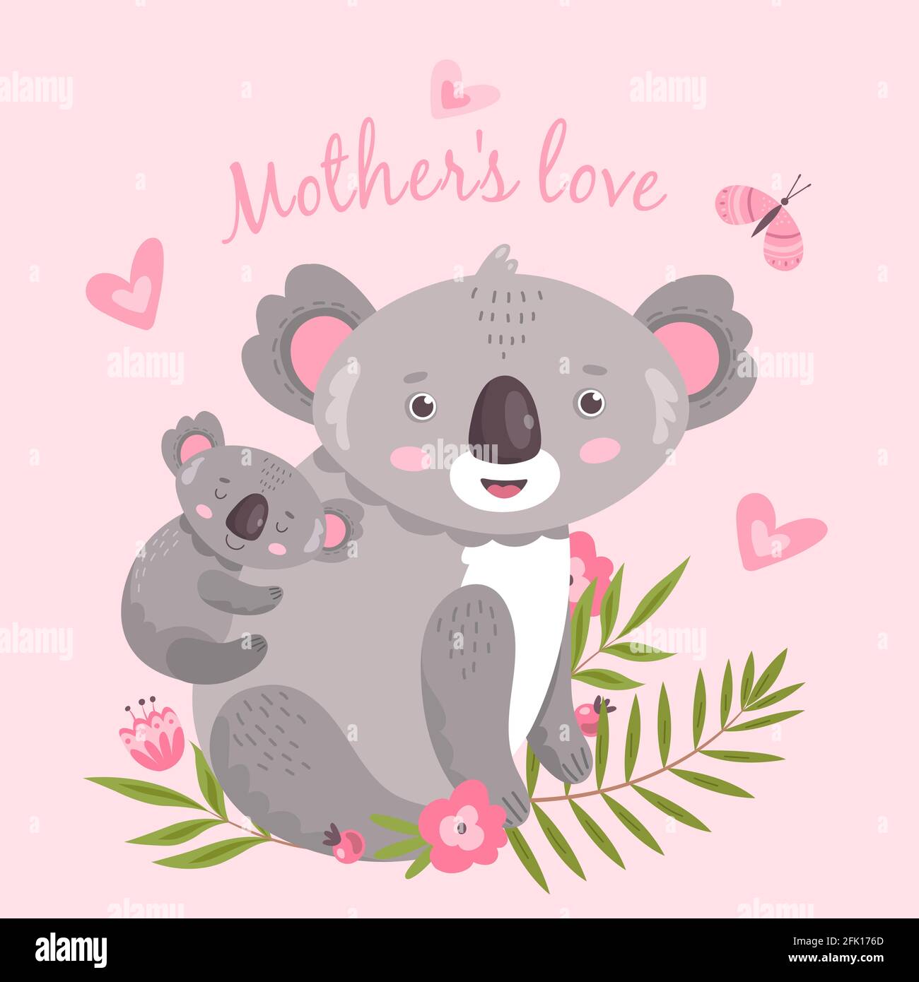 Cute koala. Animal mom hugging baby. Australia forest koalas hugs. Cute childish artwork, tendernesses cartoon print. Vector illustration Stock Vector