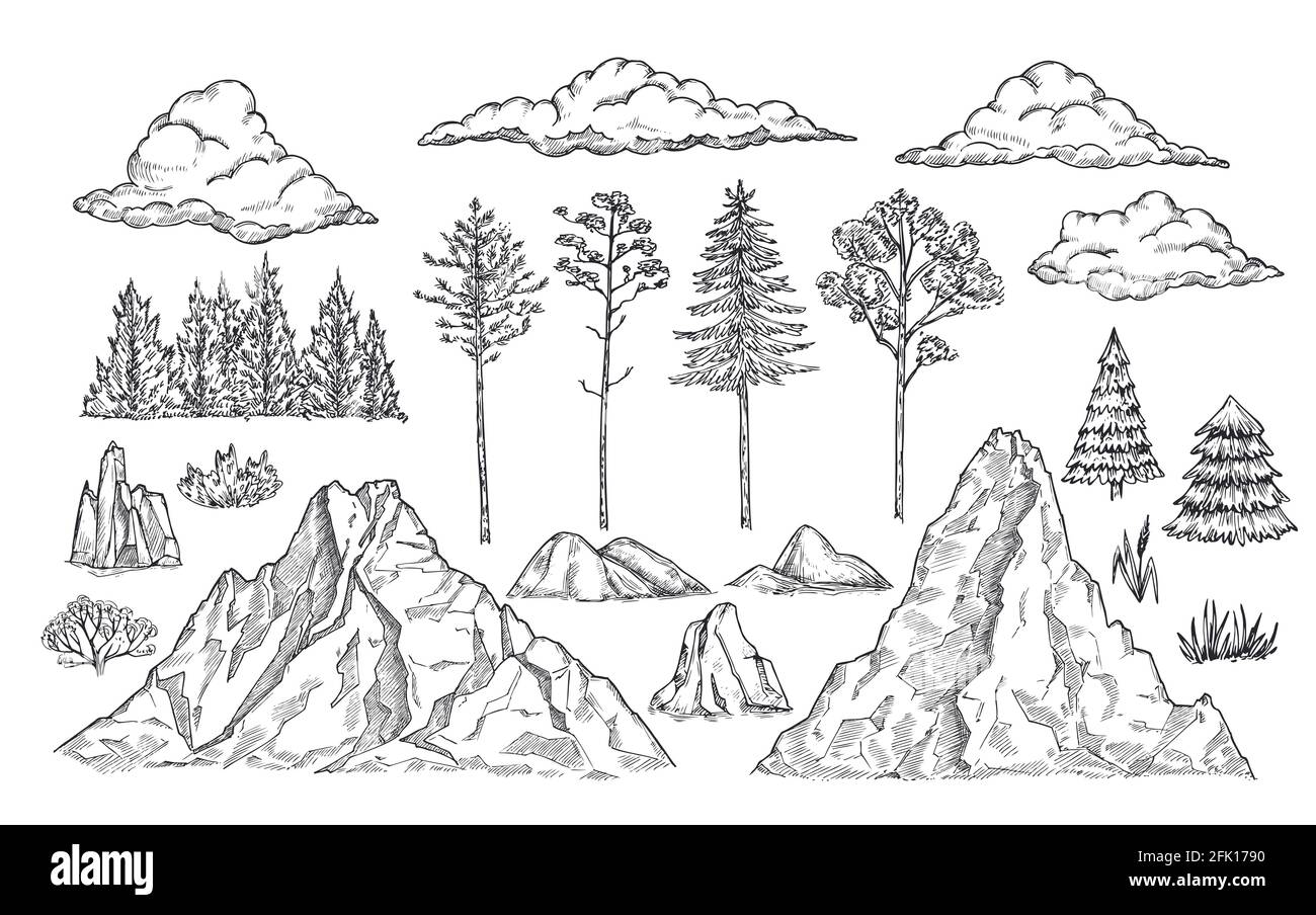 Nature landscape elements. Mount rocks, trees and bush. Sketch isolated